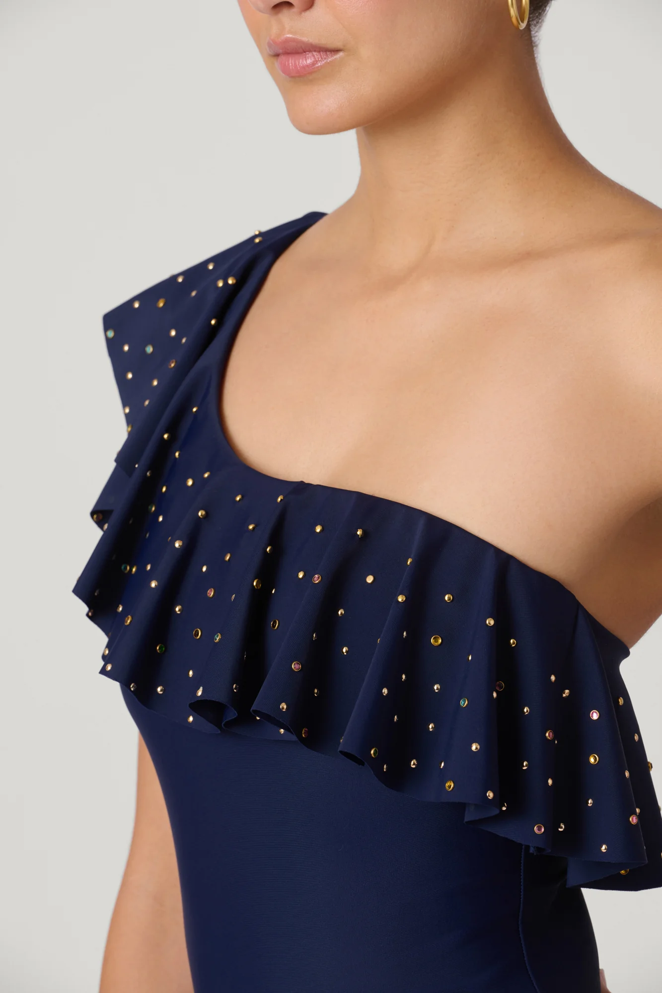 Navy One Shoulder Ruffle One Piece - Image 2